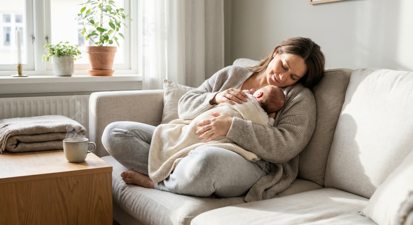 Nybakt mor som hviler med baby på brystet