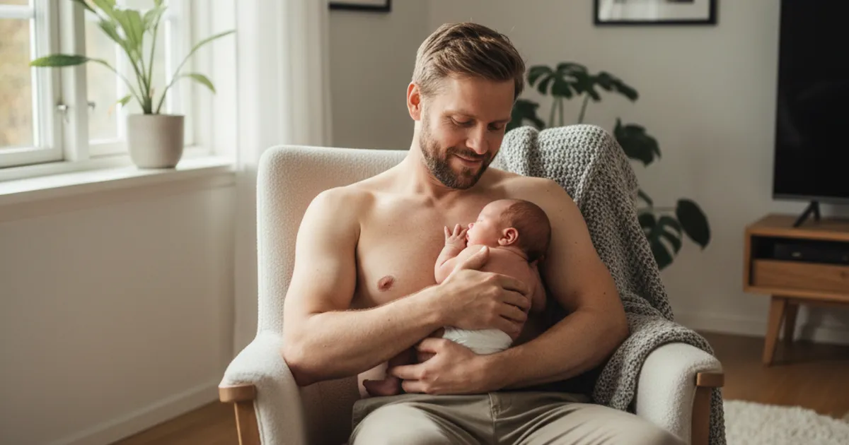 Far som holder nyfødt baby hud-mot-hud i en lys skandinavisk stue