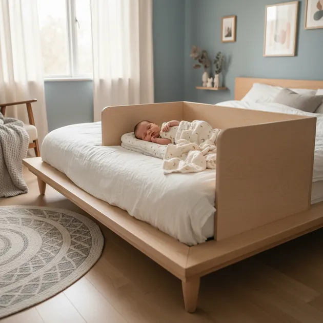 Nyfødt baby sover trygt i en bedside crib ved siden av foreldresengen