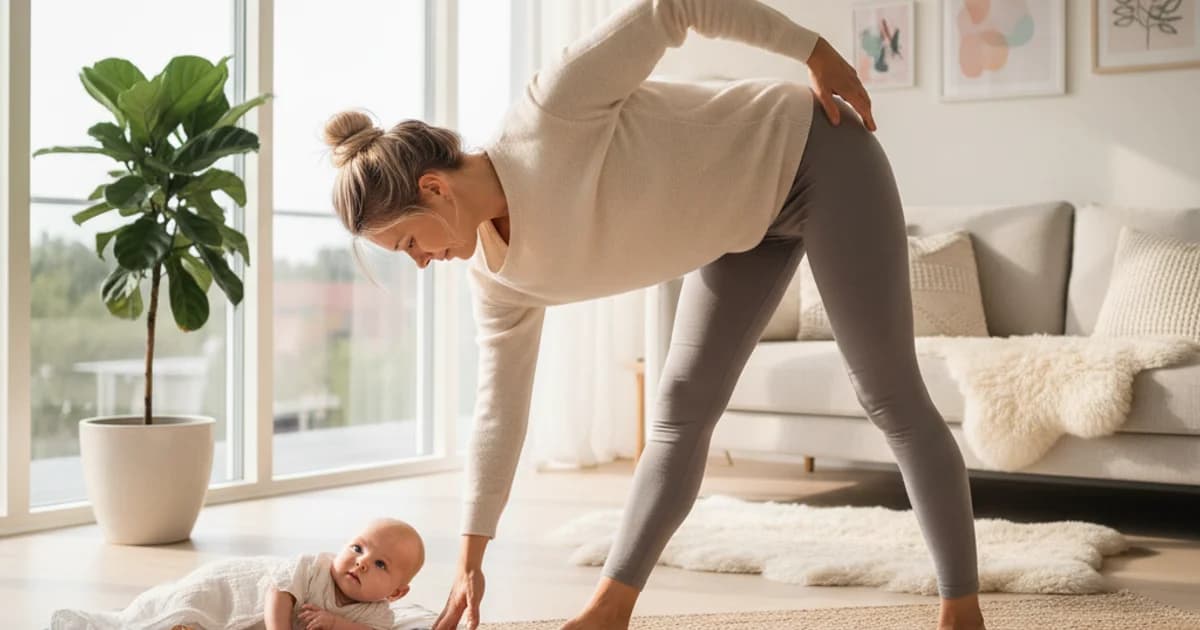 Kvinne som gjør skånsom trening på yogamatte i lyst nordisk hjem