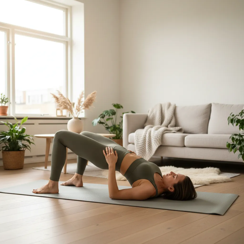 Kvinne som gjør bekkenbunnstrening på yogamatte i et lyst skandinavisk hjem