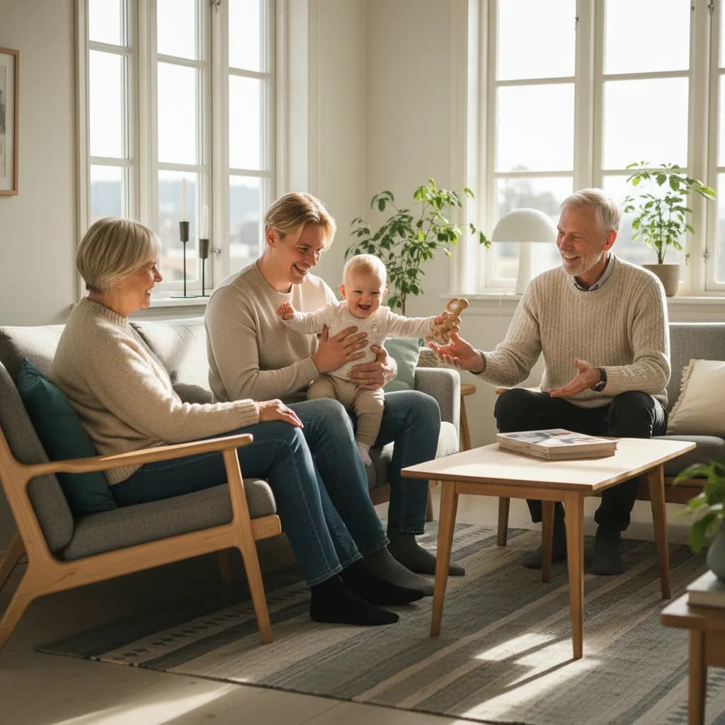 Besteforeldre og foreldre med baby i en stue, alle smiler varmt