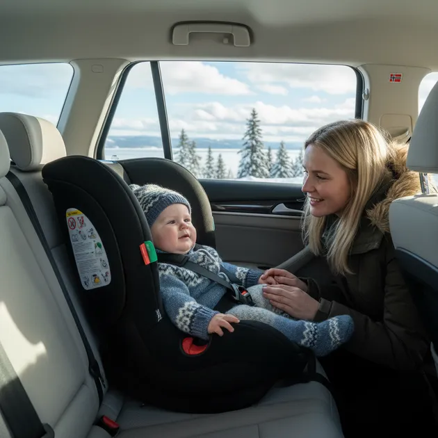 Familie med baby på bilturstopp ved en norsk rasteplass med fjell i bakgrunnen