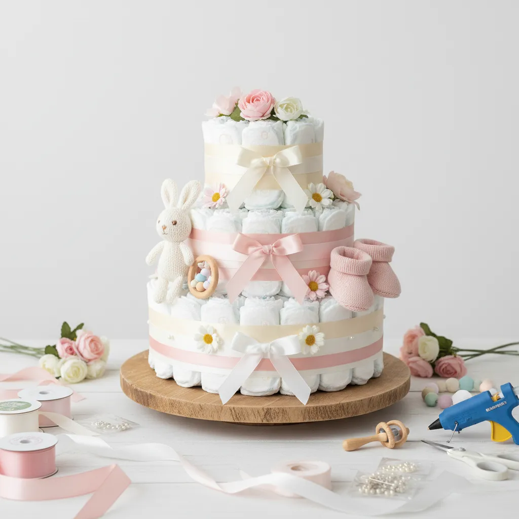 Vakker trelags bleiekake dekorert med bånd og blomster i myke pastellfarger