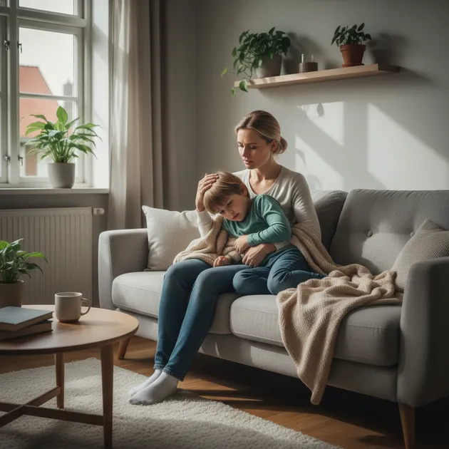 Forelder som trøster barn med magesmerter i et lyst skandinavisk hjem