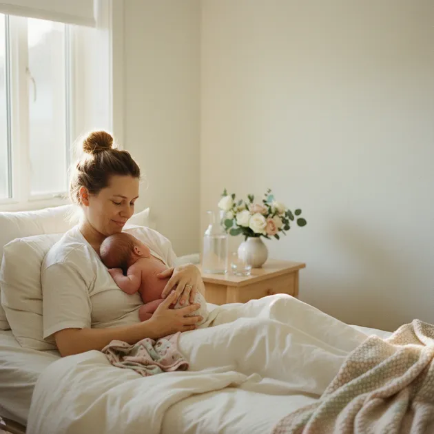 Nybakt mamma som hviler i sengen med nyfødt baby