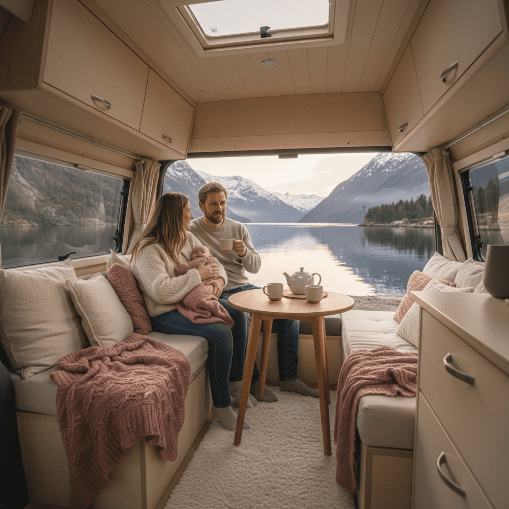 Familie med baby foran bobil på norsk campingplass