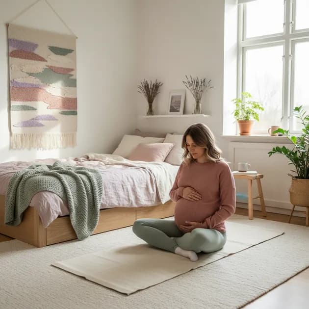 Gravid kvinne som forbereder seg til fødsel med avslapningsøvelser