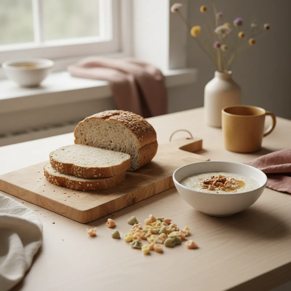 Mykt grovbrød, havregrøt og pasta tilpasset baby på et lyst skandinavisk kjøkkenbord