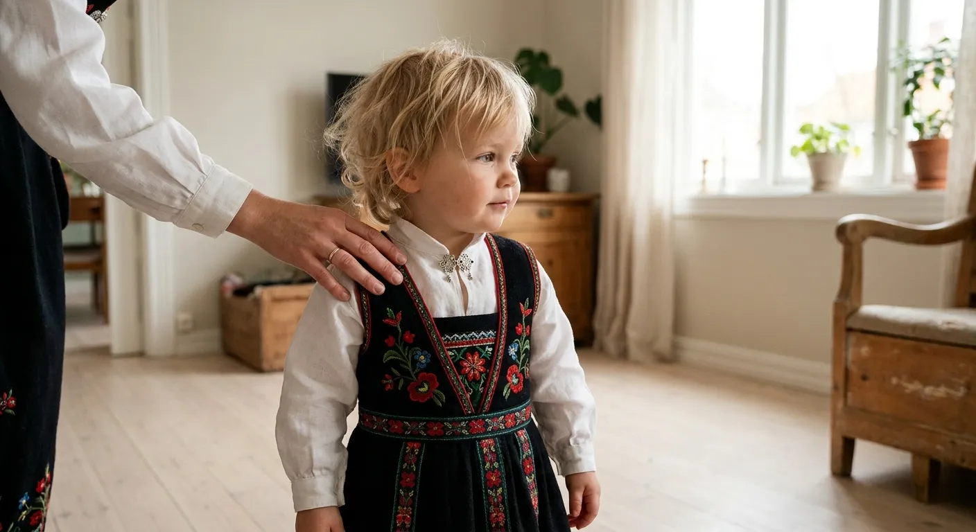 Baby og småbarn i barnebunader med sølje og tradisjonelle detaljer
