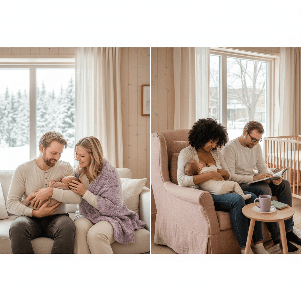 Kanadisk familie med baby i en park med lønnetre