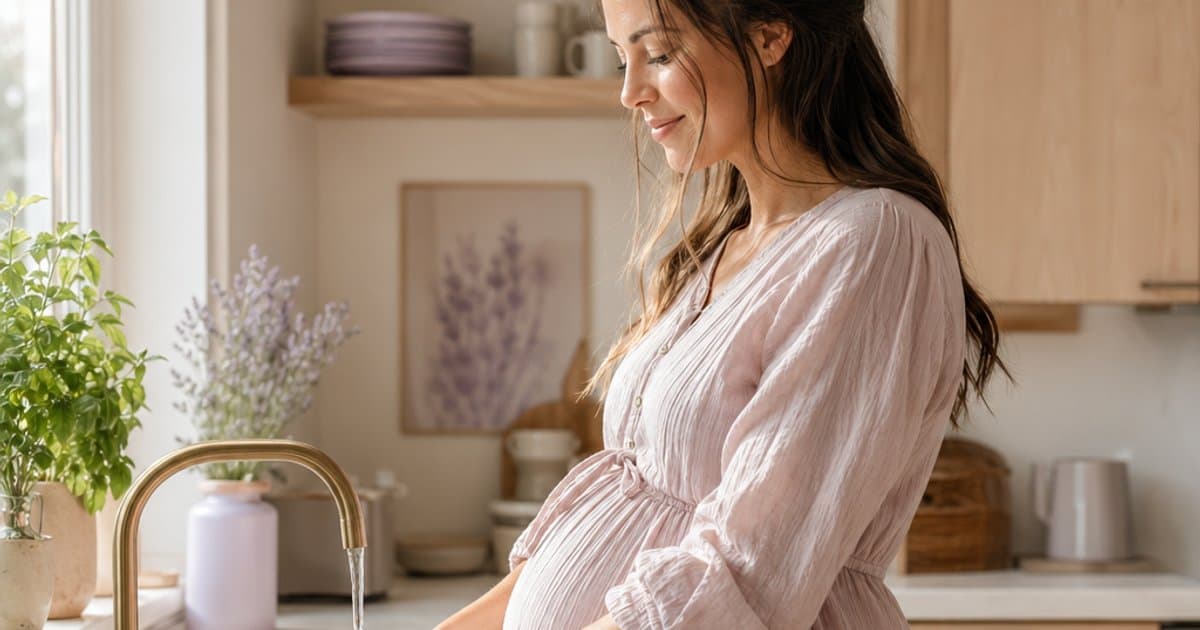 Gravid kvinne vasker hender grundig ved kjøkkenvasken etter kontakt med småbarn