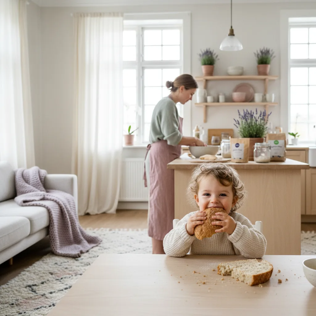 Glad barn som spiser glutenfri mat sammen med foreldre ved kjøkkenbordet