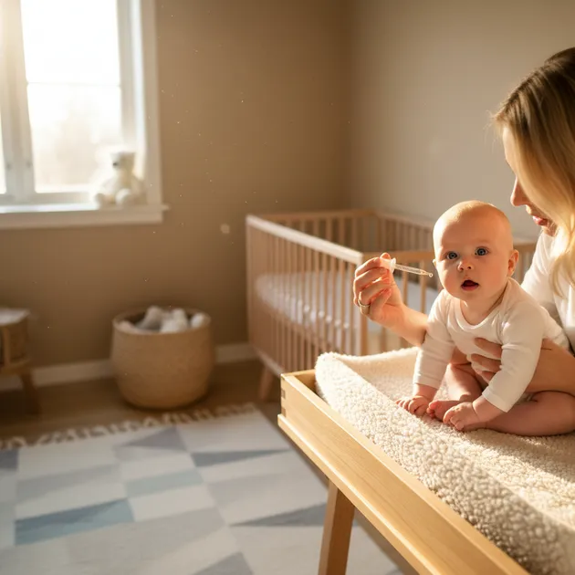 Forelder gir baby d-vitamindråper med pipette