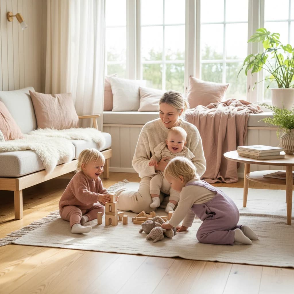 Barn som leker i en liten gruppe med en voksen i et hjemmemiljø