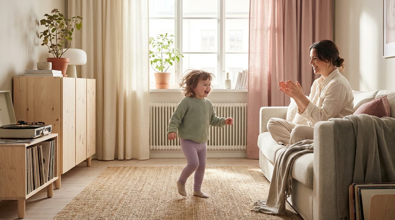 Småbarn som danser og ler i stuen sammen med en forelder