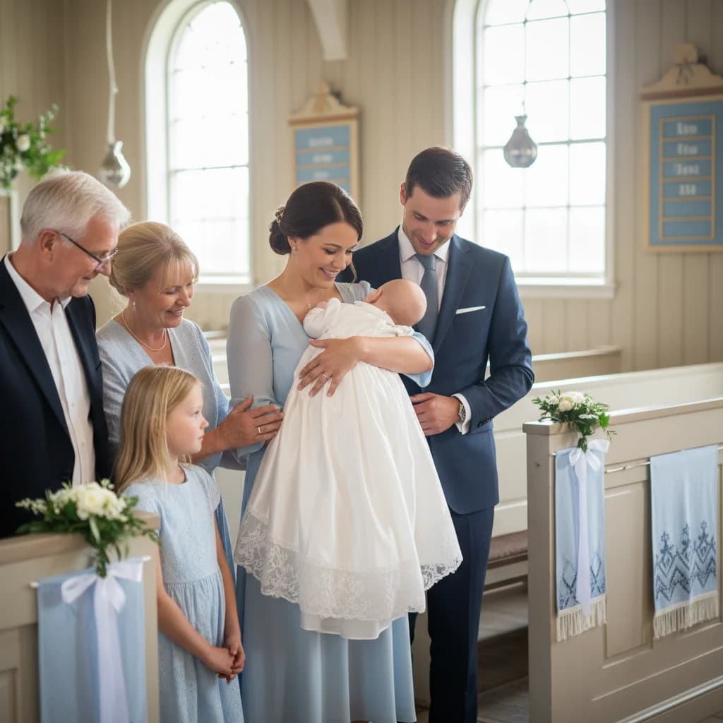 Vakre dåpsgaver til gutt arrangert på et lyst trebord i skandinavisk stil