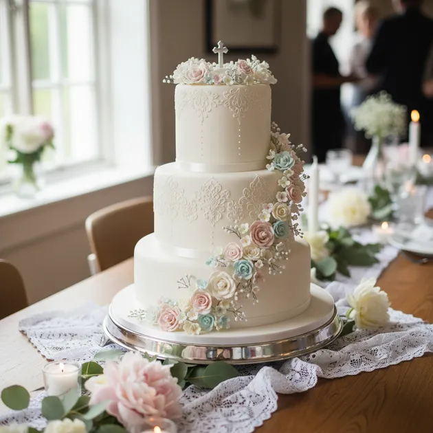 Vakker hvit dåpskake med dekorasjoner på festbord