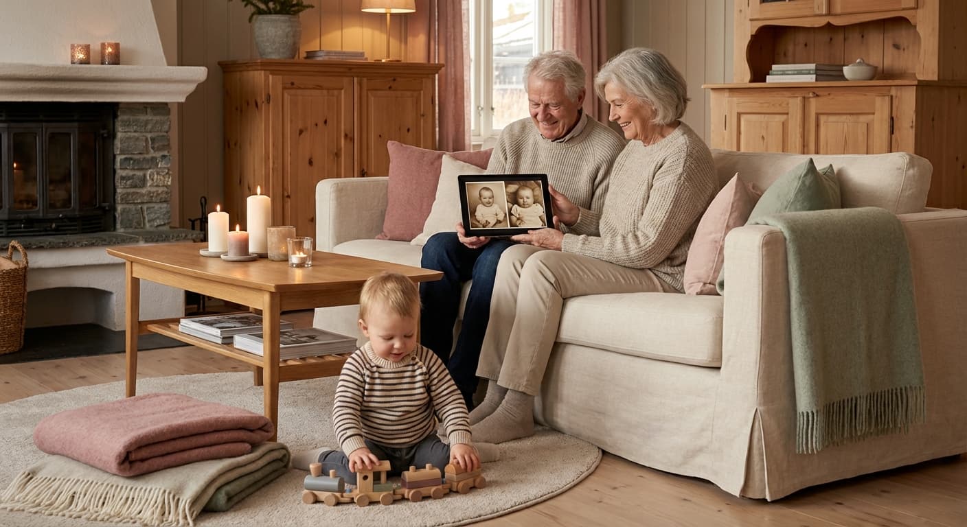 Besteforeldre ser på babibilder på nettbrett med smilende barnebarn