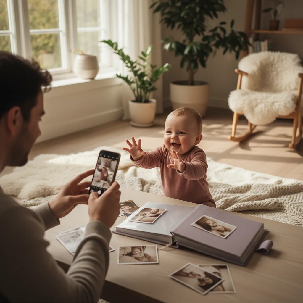 Forelder tar bilde av smilende baby med mobiltelefon