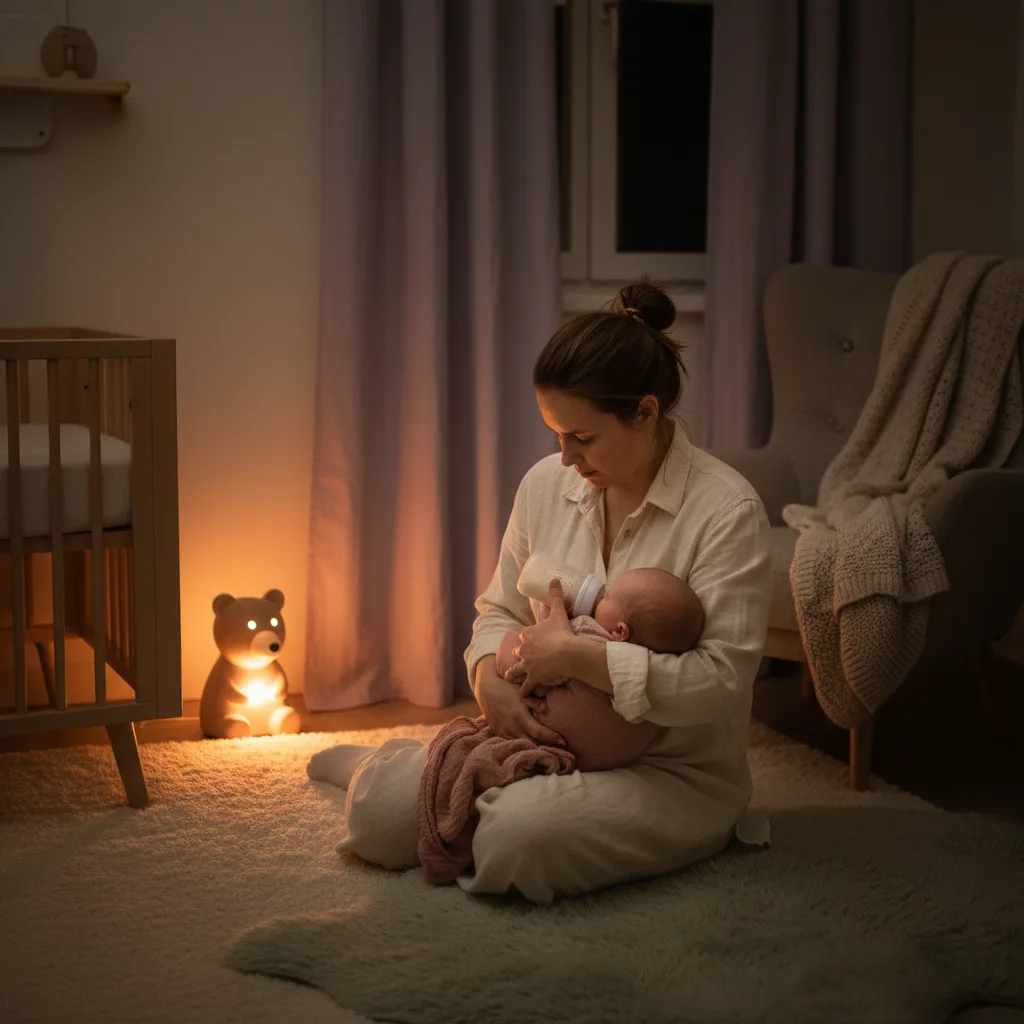 Forelder som gir flaske til sovende baby i dempet belysning om natten