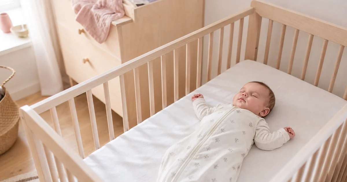 Baby som sover trygt på ryggen i en lett sovepose i et lyst, ryddig babyrom