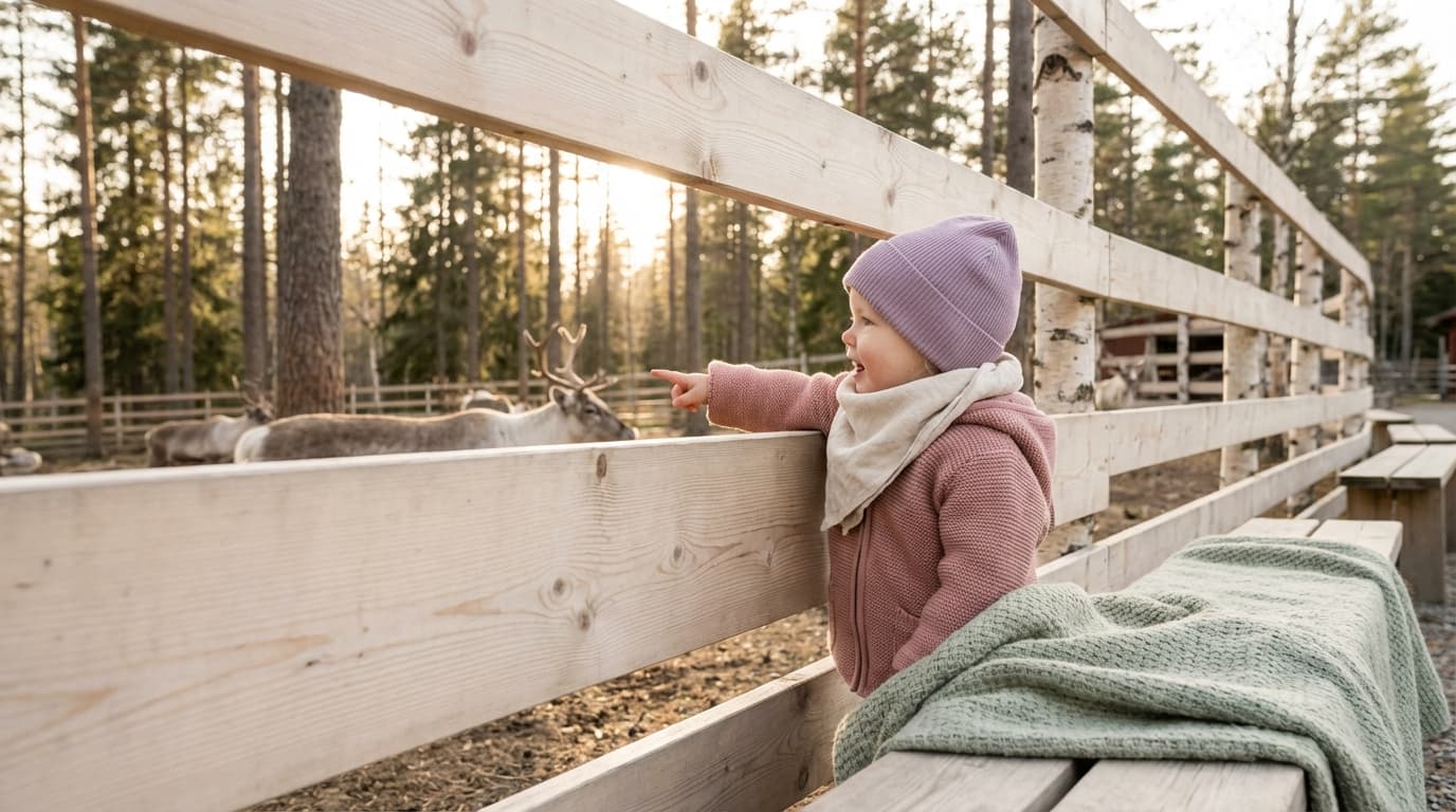 Barn som ser på giraffer i en norsk dyrepark en solrik dag