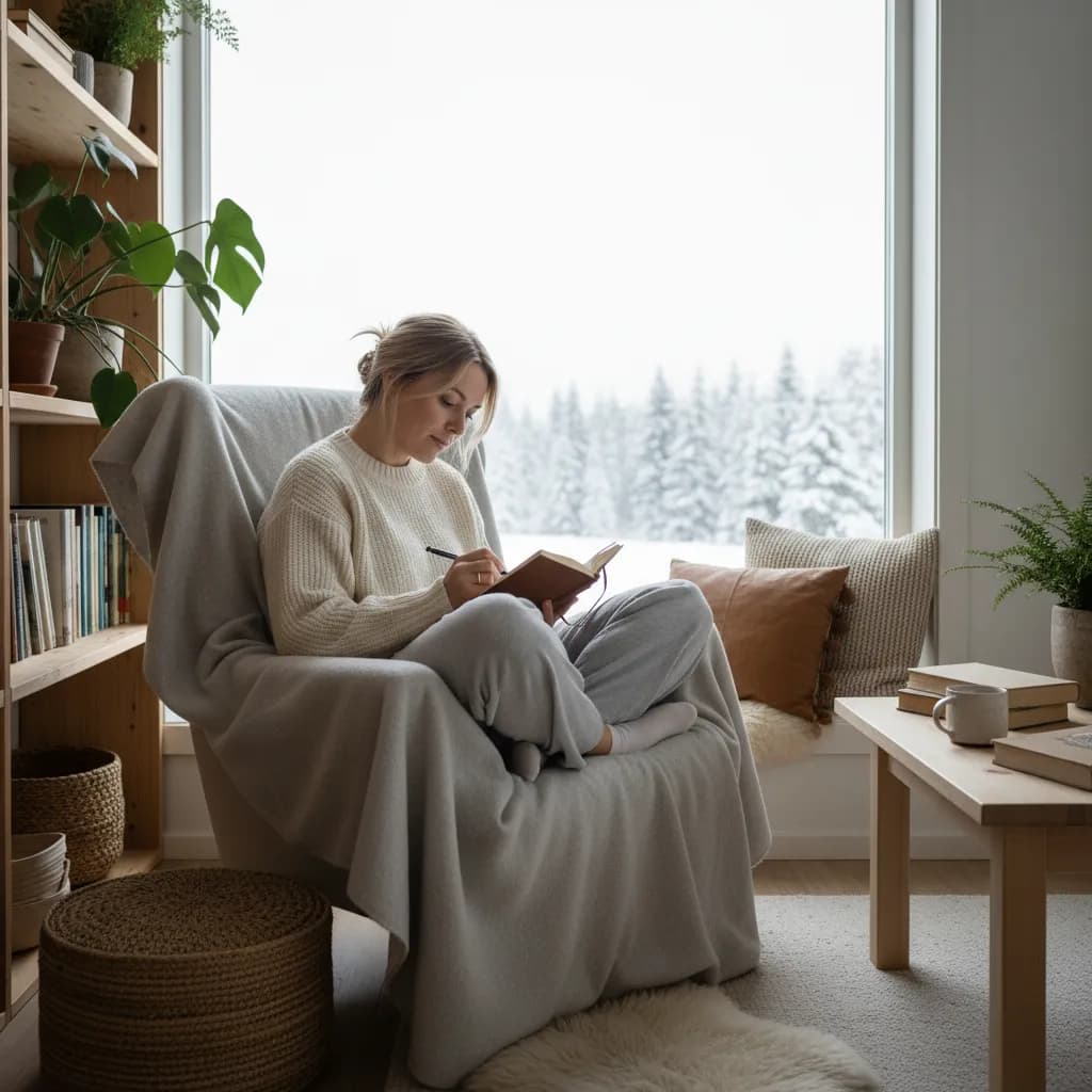 Kvinne som noterer i sykluskalender ved vindu med naturlig lys