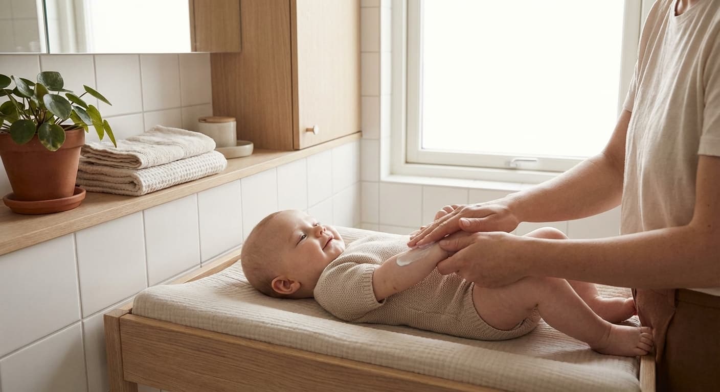 Baby med myk hud som får smurt inn med fuktighetskrem