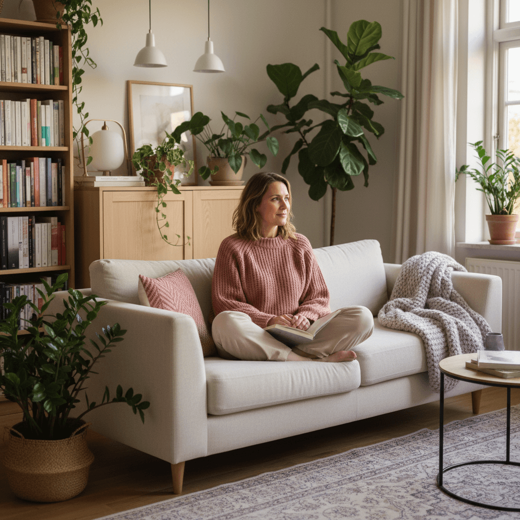 Kvinne som sitter i en lys sofa og leser om helse på nettbrett