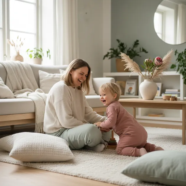 Alenemor leker med babyen sin på gulvet hjemme i et lyst, varmt rom