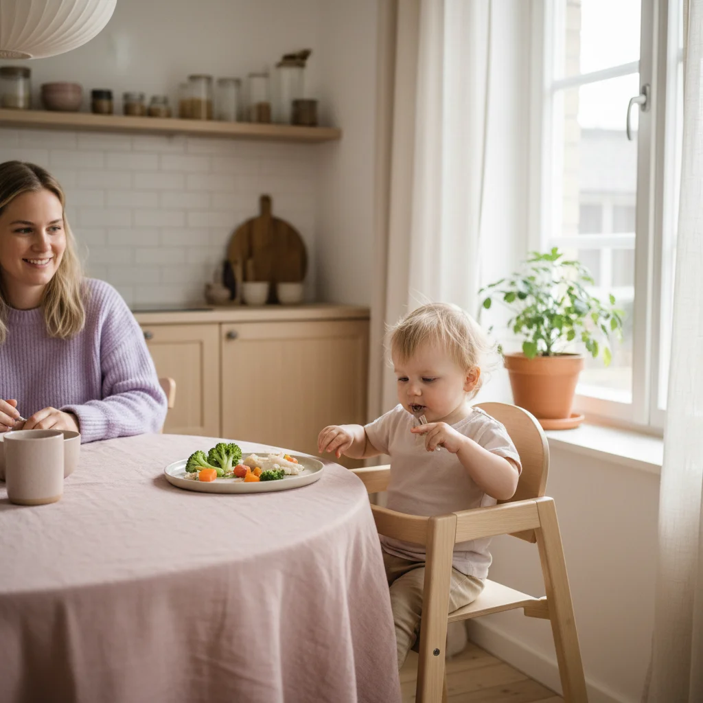 Ettåring som spiser fargerik familiemat ved bordet i lyst skandinavisk kjøkken