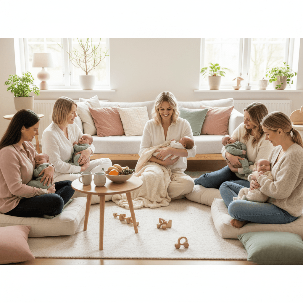 Mor som sitter alene med baby i en lys stue og ser ut av vinduet