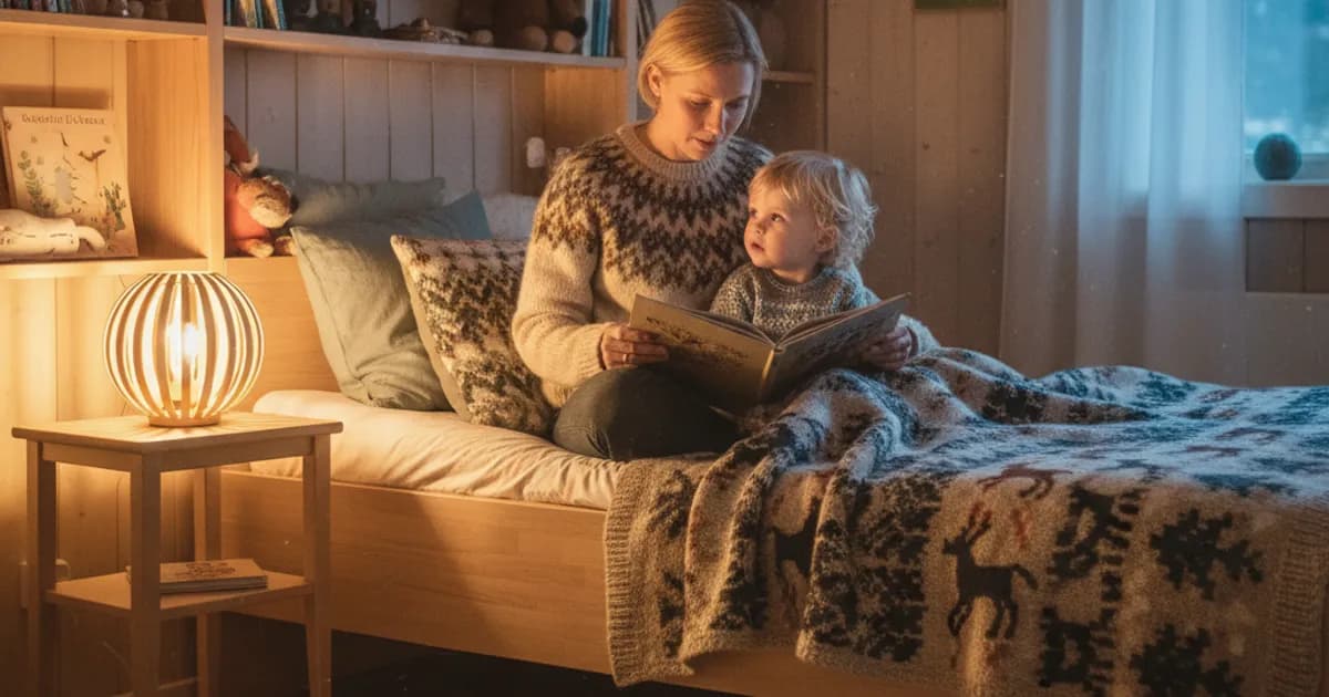 Forelder som leser eventyr for barn i sengen ved leggetid