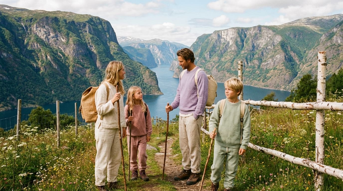 Familie med småbarn som nyter utsikten over en norsk fjord på sommerdag