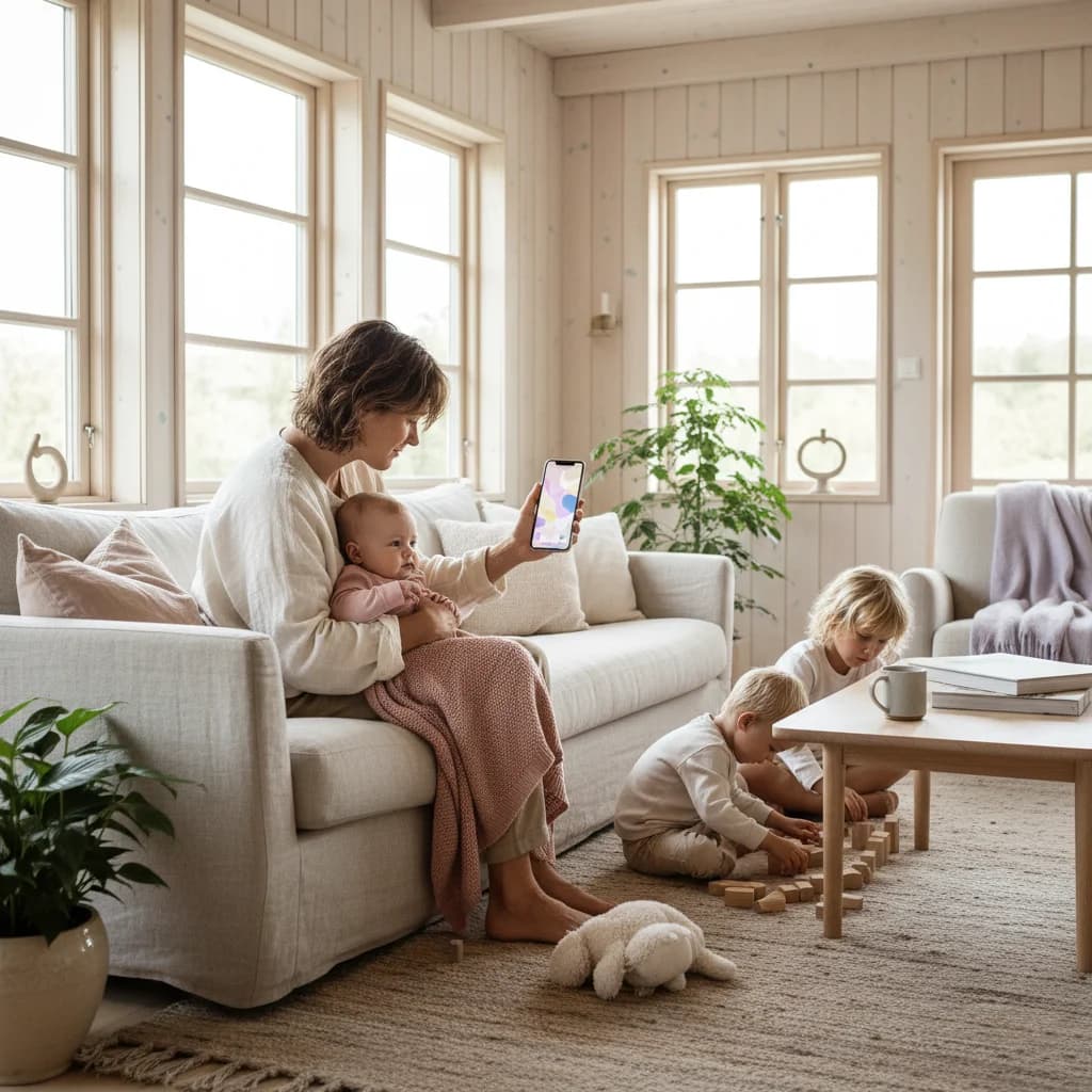 Forelder som bruker smarttelefon mens baby sover trygt ved siden av