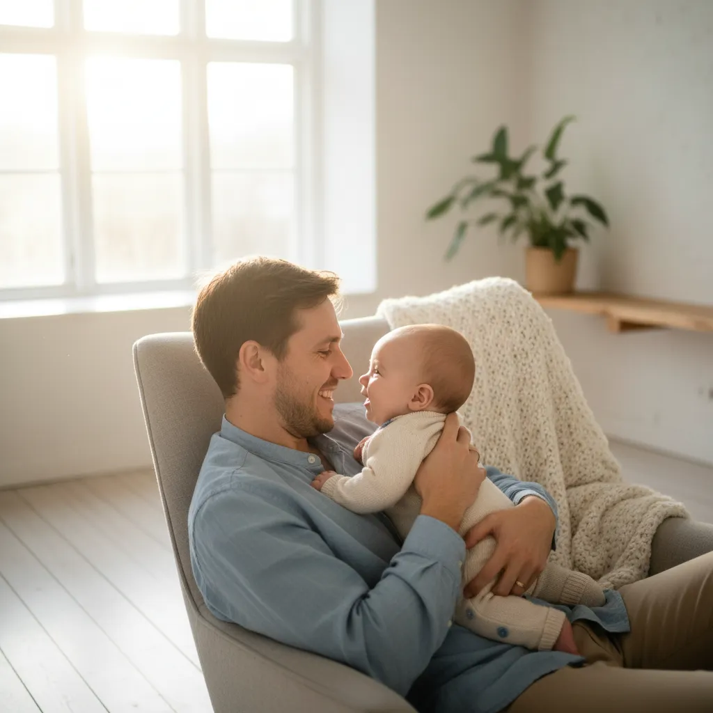 Far holder nyfødt baby tett inntil brystet i hud-til-hud