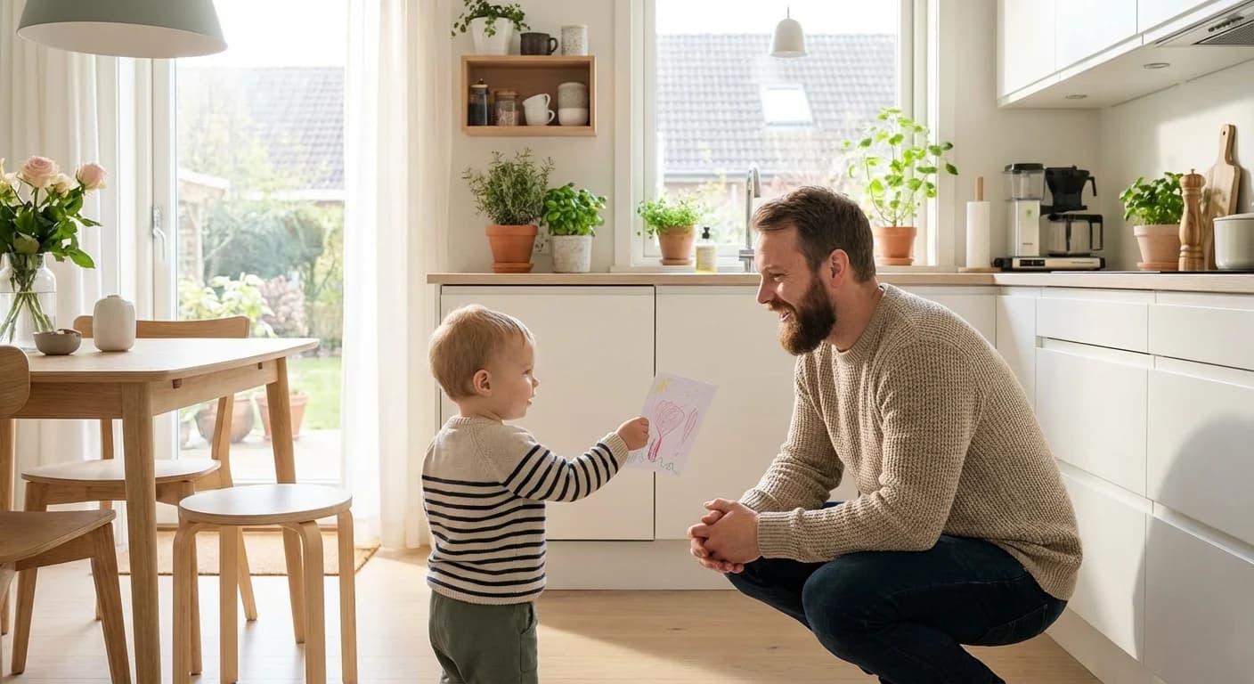 Barn som gir pappa en hjemmelaget gave på farsdag, varmt og koselig stemning