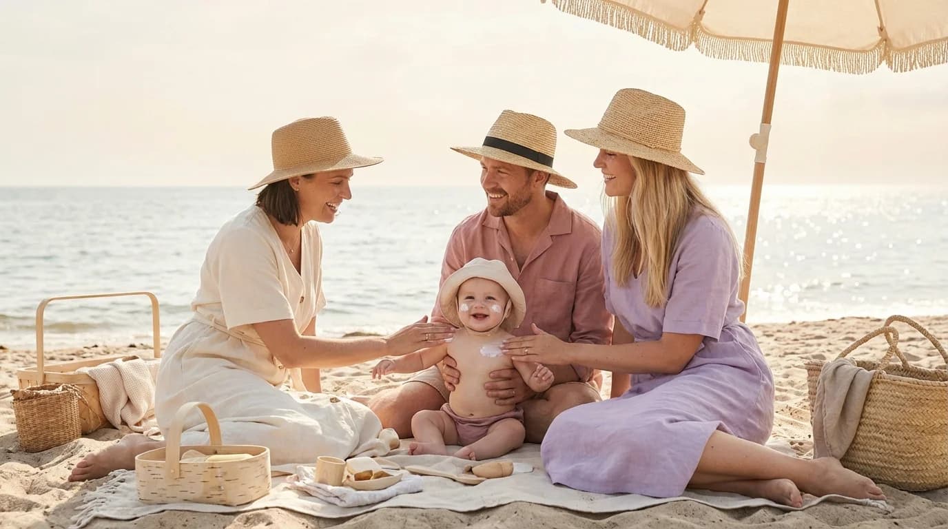 Barnefamilie med småbarn nyter feriedag ved stranden
