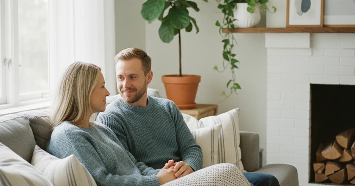 Par som ser på hverandre med håp i et lyst nordisk hjem