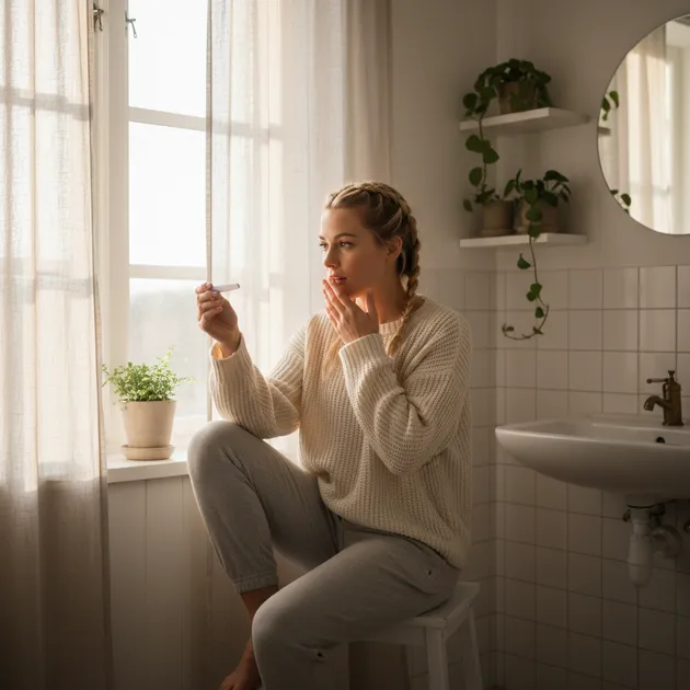 Kvinne som ser håpefullt på en kalender i et lyst skandinavisk hjem