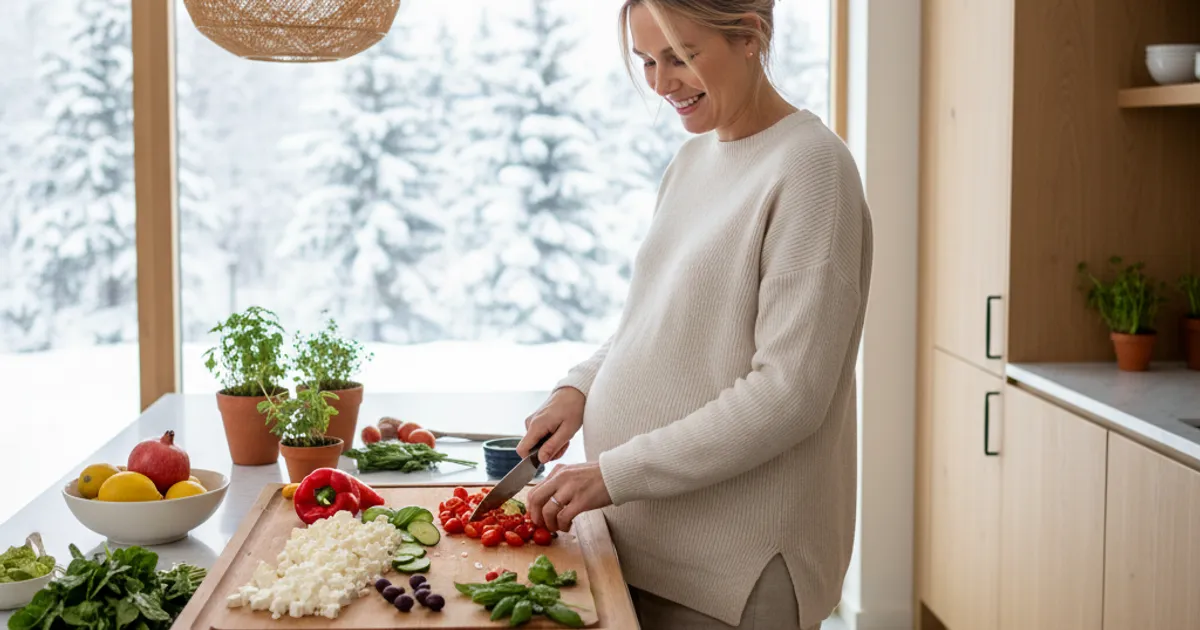 Fetaost i salat med friske grønnsaker - trygg mat for gravide