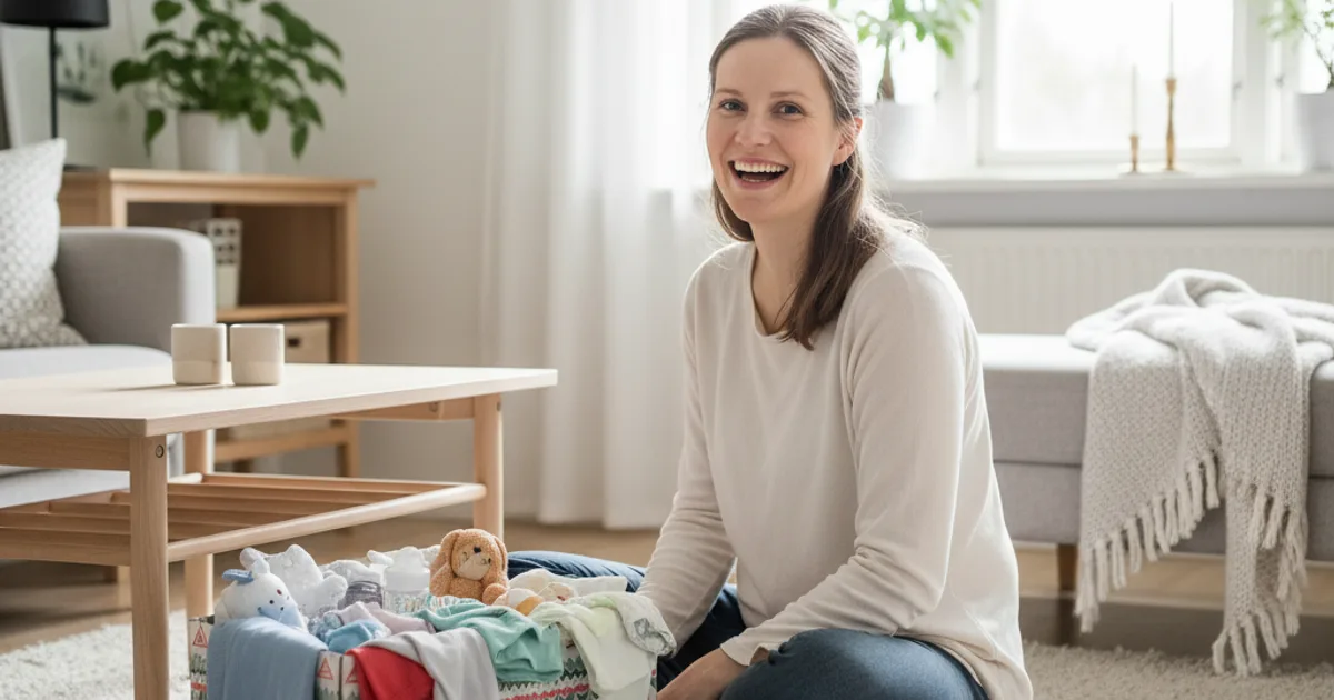 Finsk babyboks med babyklær og utstyr på et lyst bord