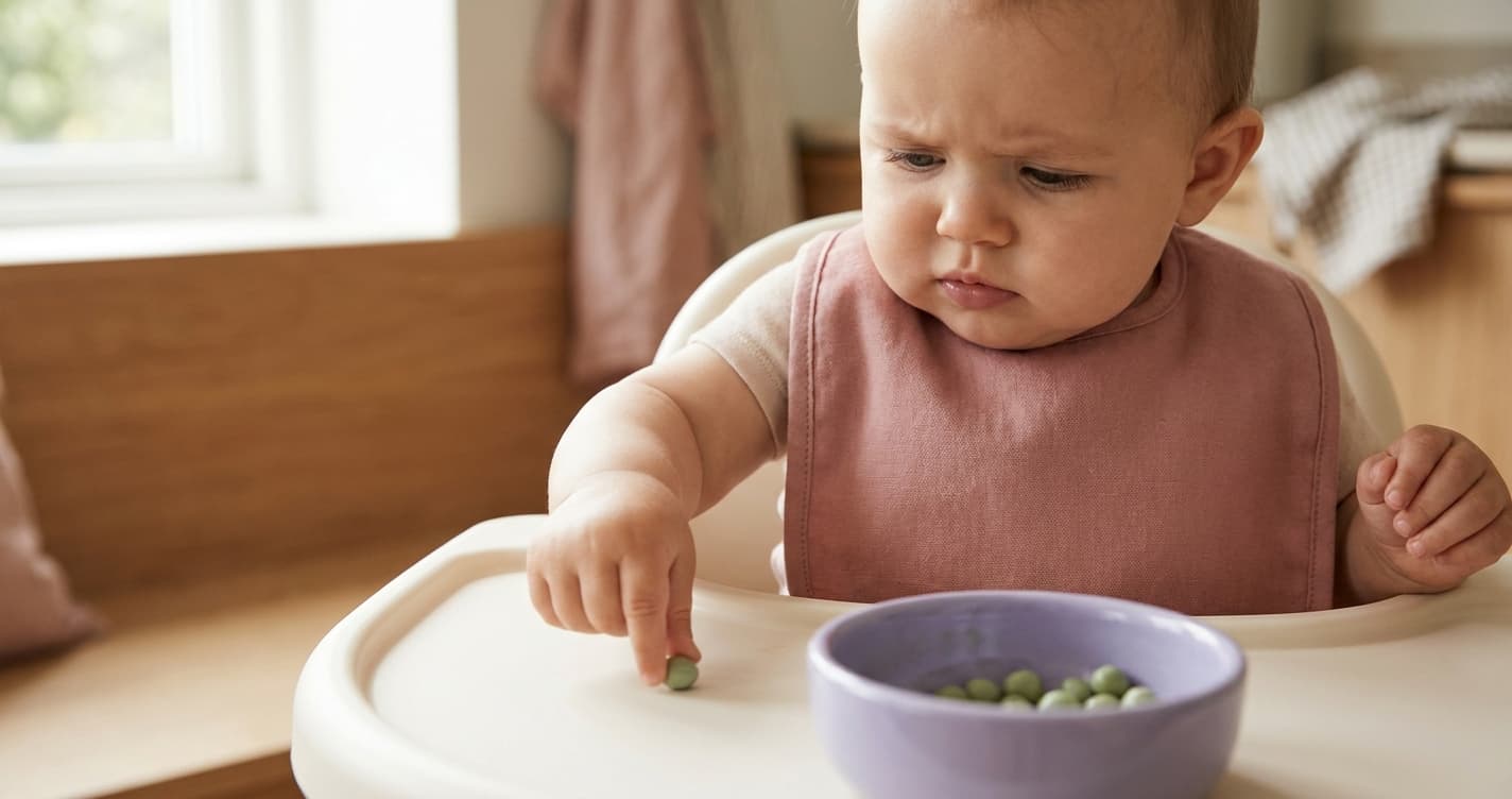 Baby på 10 måneder plukker opp liten erter-bit med tommel og pekefinger
