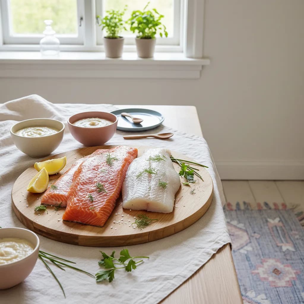 Dampet fisk med grønnsaker tilpasset baby, servert på et lyst skandinavisk kjøkkenbord