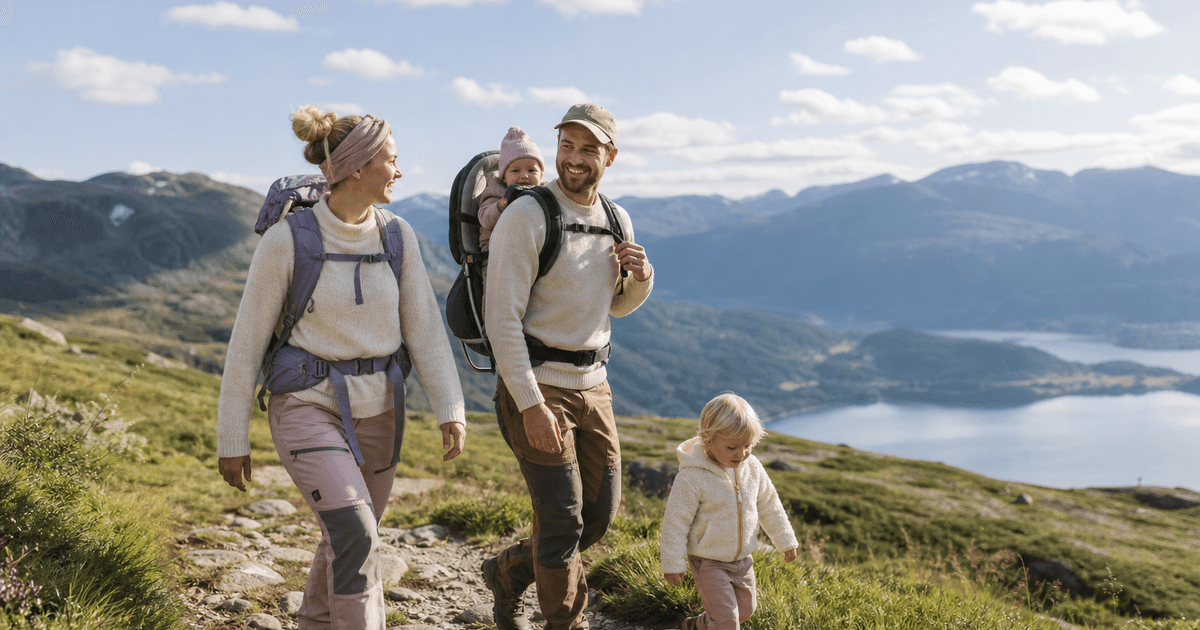Foreldre på fjelltur med baby i bæremeis i norsk sommerfjell med blå himmel