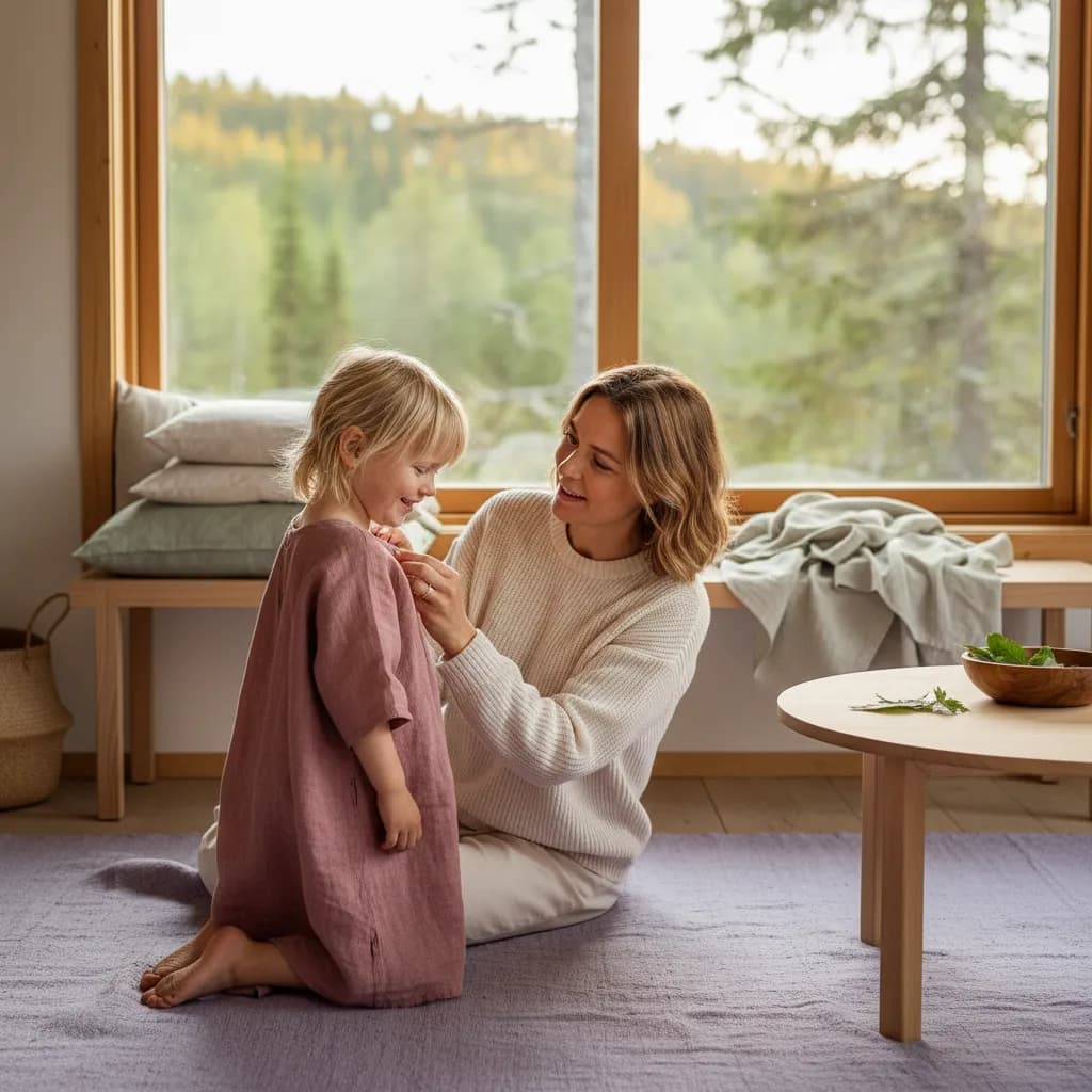 Forelder som sjekker barnet for flått etter lek utendørs i norsk natur