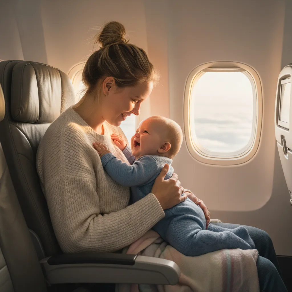 Mor med baby på fanget i flykabin med naturlig lys gjennom vinduet