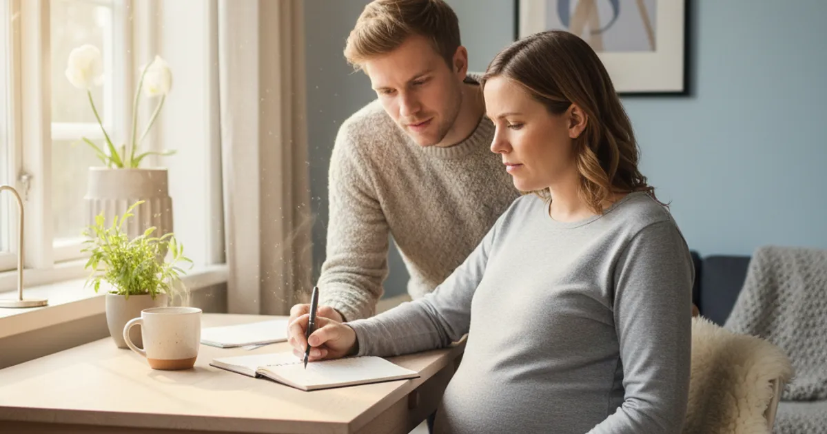 Gravid kvinne som skriver fødebrev ved et bord i lyst nordisk hjem