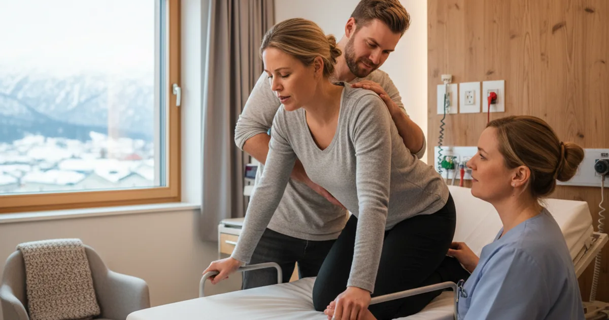 Kvinne under fødsel på norsk sykehus, støttet av partner og jordmor